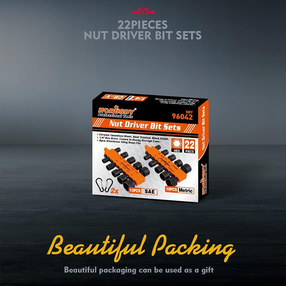 HORUSDY 22-piece nut driver bit set with SAE and metric sizes, hex shank design, chrome vanadium steel, and orange organizer