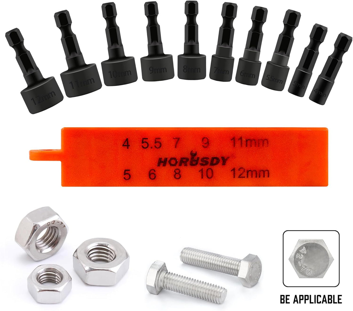 HORUSDY 22-piece nut driver bit set with SAE and metric sizes, hex shank design, chrome vanadium steel, and orange organizer
