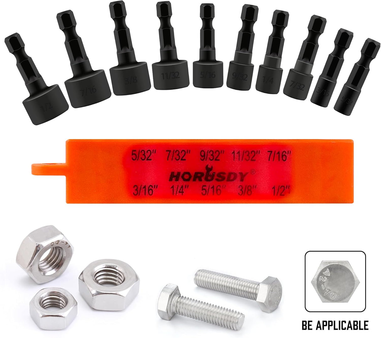 HORUSDY 22-piece nut driver bit set with SAE and metric sizes, hex shank design, chrome vanadium steel, and orange organizer