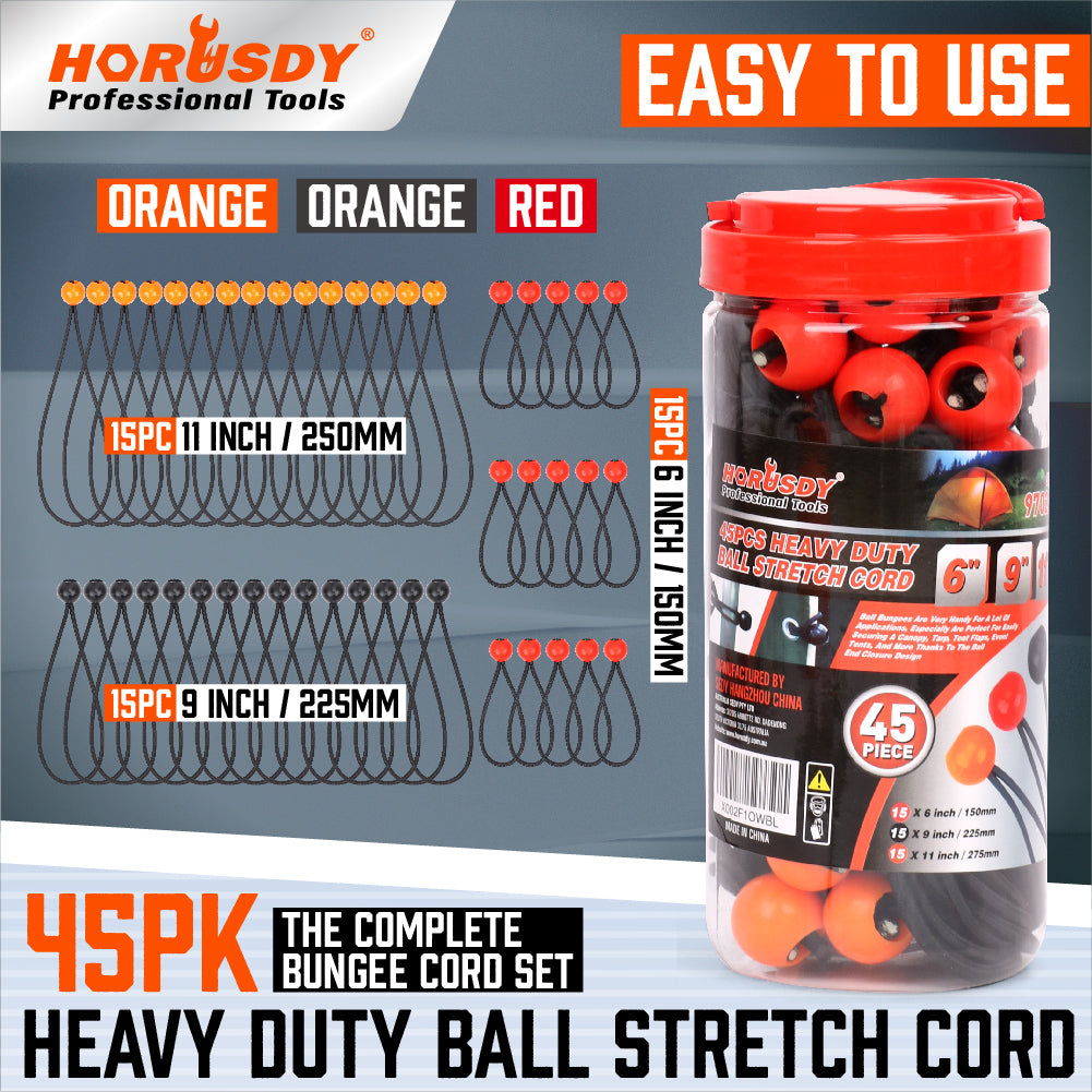 HORUSDY 45-Piece Ball Bungee Cord Set – Assorted Sizes (6", 9", 11") Elastic Tie Downs with Durable Latex Core and HOPE Plastic Balls for Camping, Tarp Securing, Cable Management, and Outdoor Use