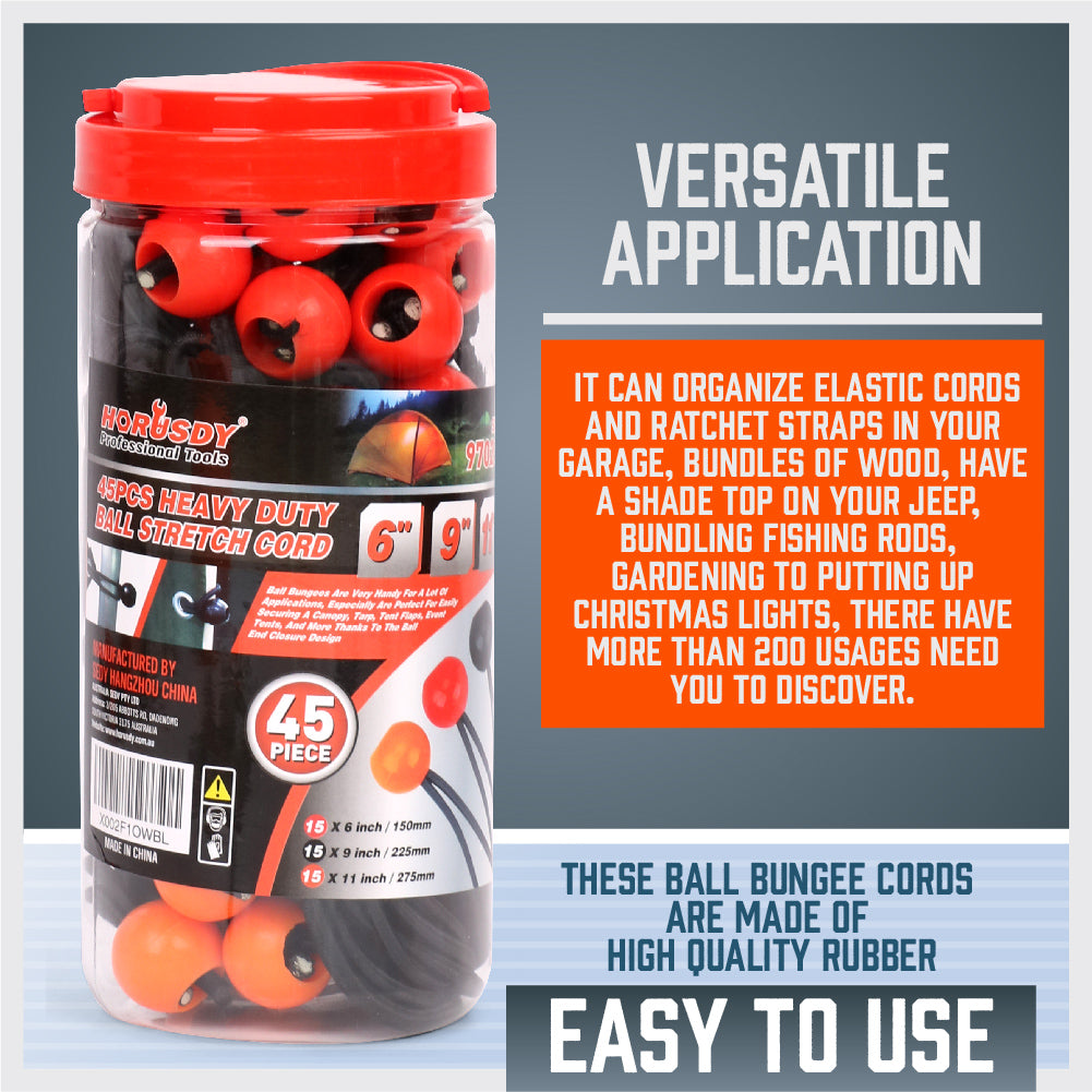 HORUSDY 45-Piece Ball Bungee Cord Set – Assorted Sizes (6", 9", 11") Elastic Tie Downs with Durable Latex Core and HOPE Plastic Balls for Camping, Tarp Securing, Cable Management, and Outdoor Use