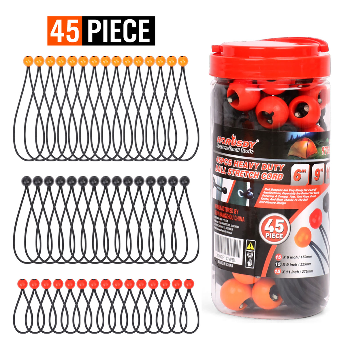 HORUSDY 45-Piece Ball Bungee Cord Set – Assorted Sizes (6", 9", 11") Elastic Tie Downs with Durable Latex Core and HOPE Plastic Balls for Camping, Tarp Securing, Cable Management, and Outdoor Use