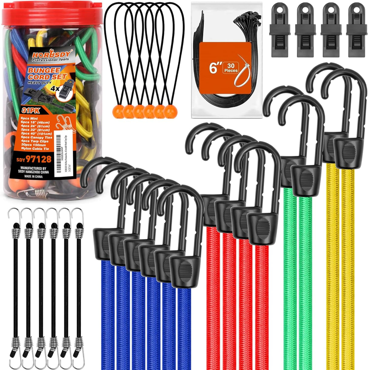 HORUSDY 31-piece bungee cord set with canopy ball ties, tarp clips, heavy-duty hooks, and zip ties for secure outdoor and storage use