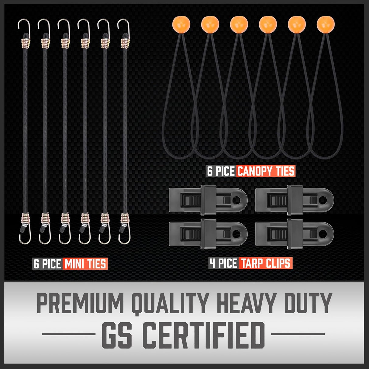 HORUSDY 31-piece bungee cord set with canopy ball ties, tarp clips, heavy-duty hooks, and zip ties for secure outdoor and storage use
