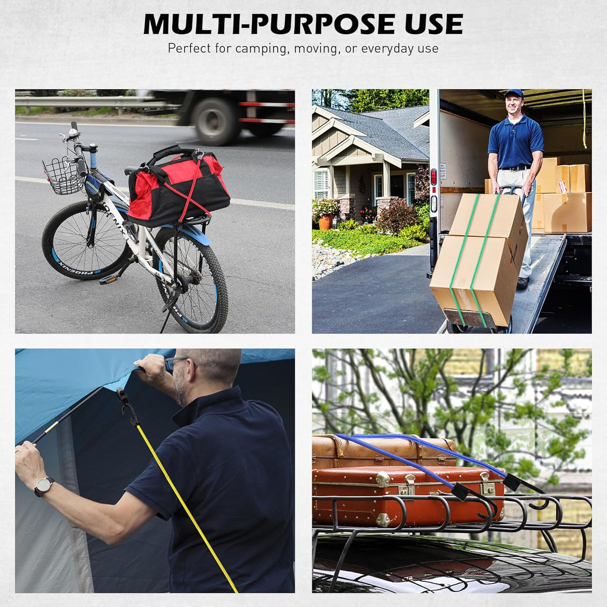 Heavy duty multi-size bungee cord set with hooks, tarp clips, ball bungees and zip ties for outdoor, camping and cargo securing