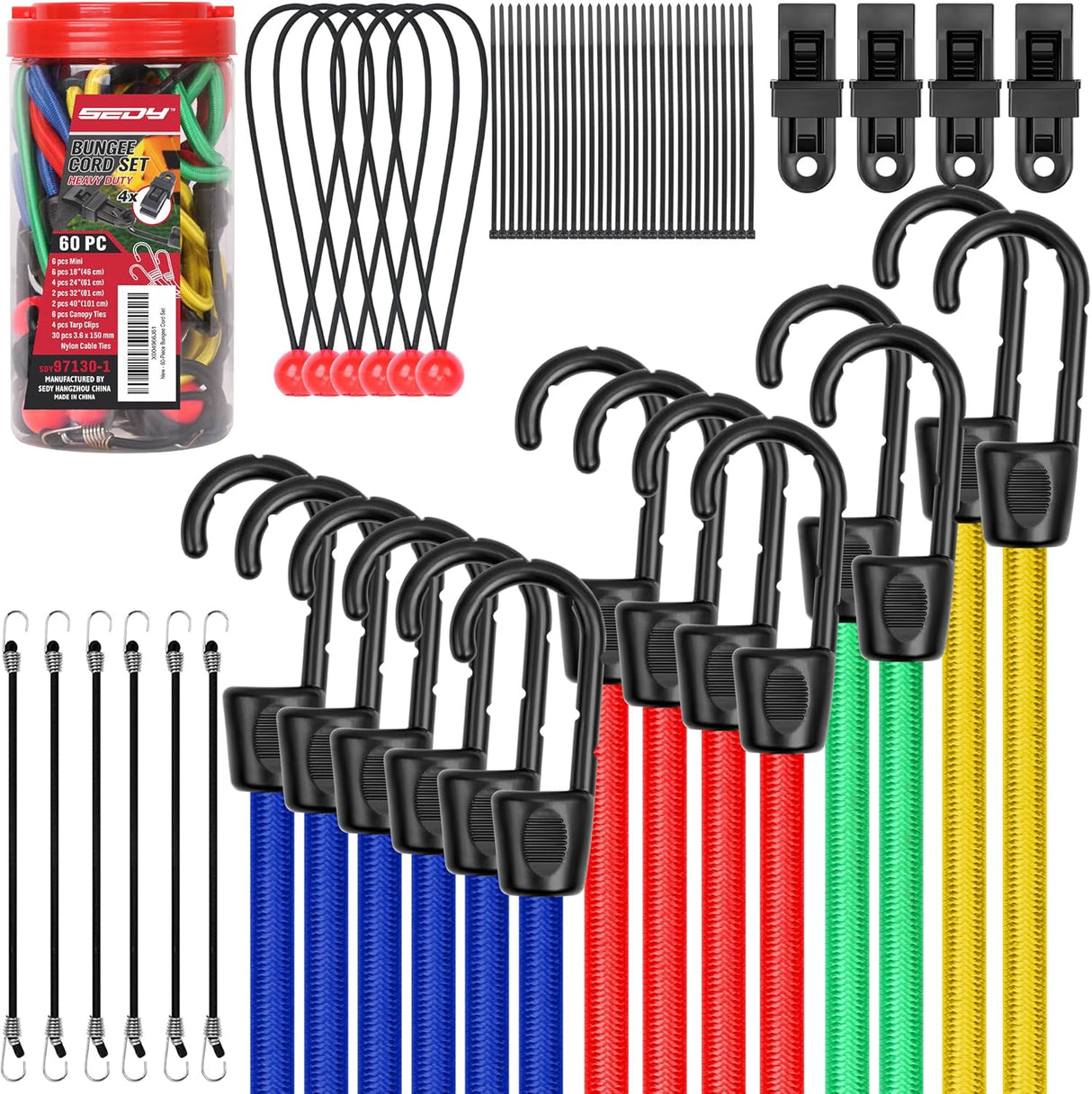 Heavy duty multi-size bungee cord set with hooks, tarp clips, ball bungees and zip ties for outdoor, camping and cargo securing
