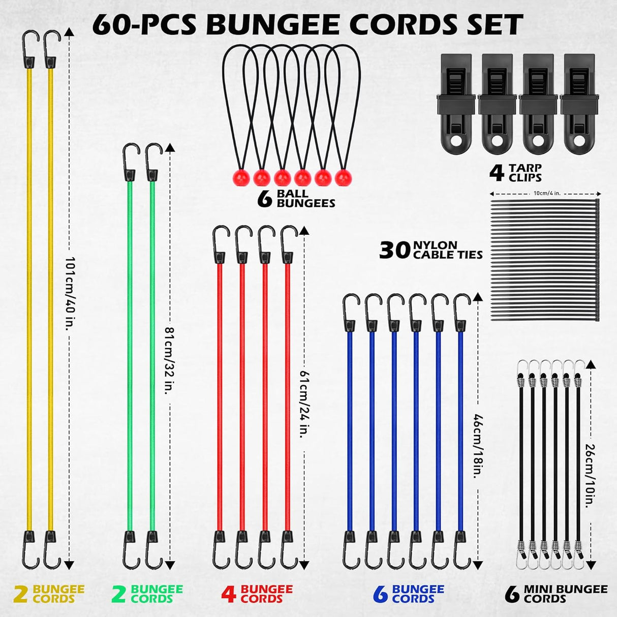 Heavy duty multi-size bungee cord set with hooks, tarp clips, ball bungees and zip ties for outdoor, camping and cargo securing