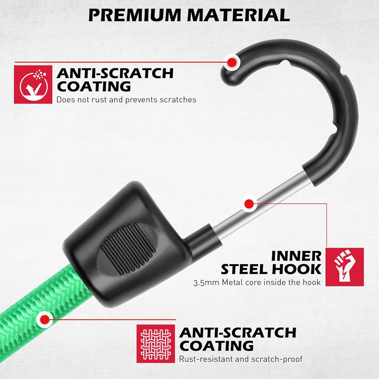 Heavy duty multi-size bungee cord set with hooks, tarp clips, ball bungees and zip ties for outdoor, camping and cargo securing