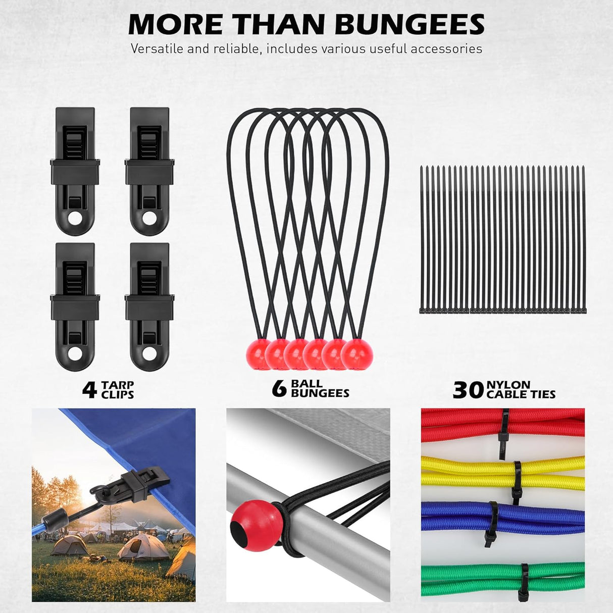 Heavy duty multi-size bungee cord set with hooks, tarp clips, ball bungees and zip ties for outdoor, camping and cargo securing