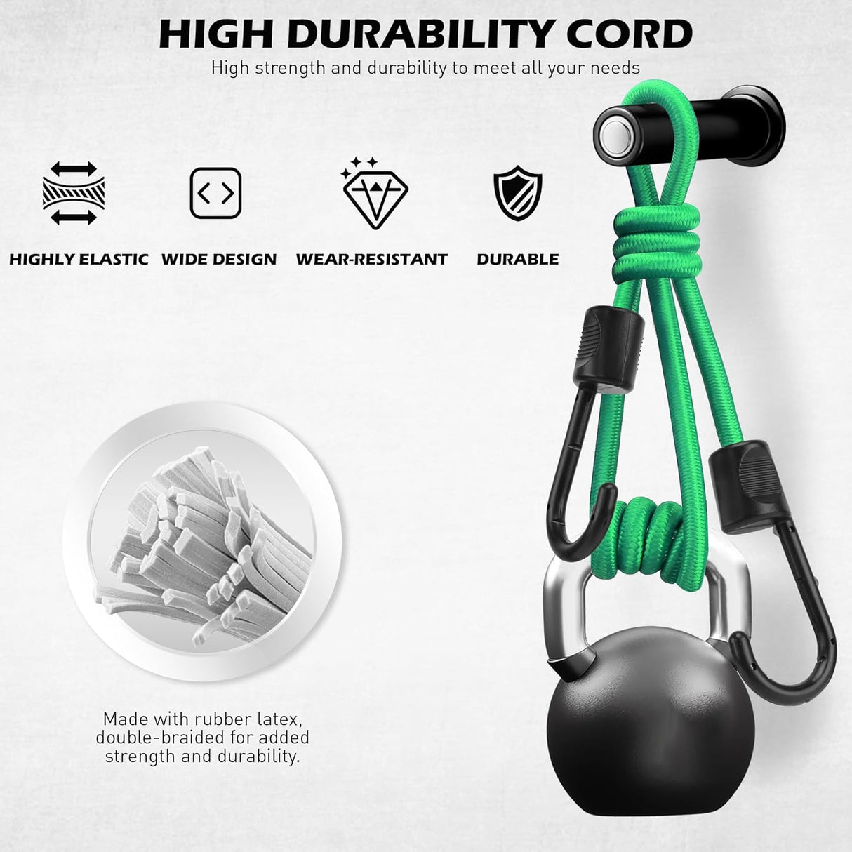 Heavy duty multi-size bungee cord set with hooks, tarp clips, ball bungees and zip ties for outdoor, camping and cargo securing