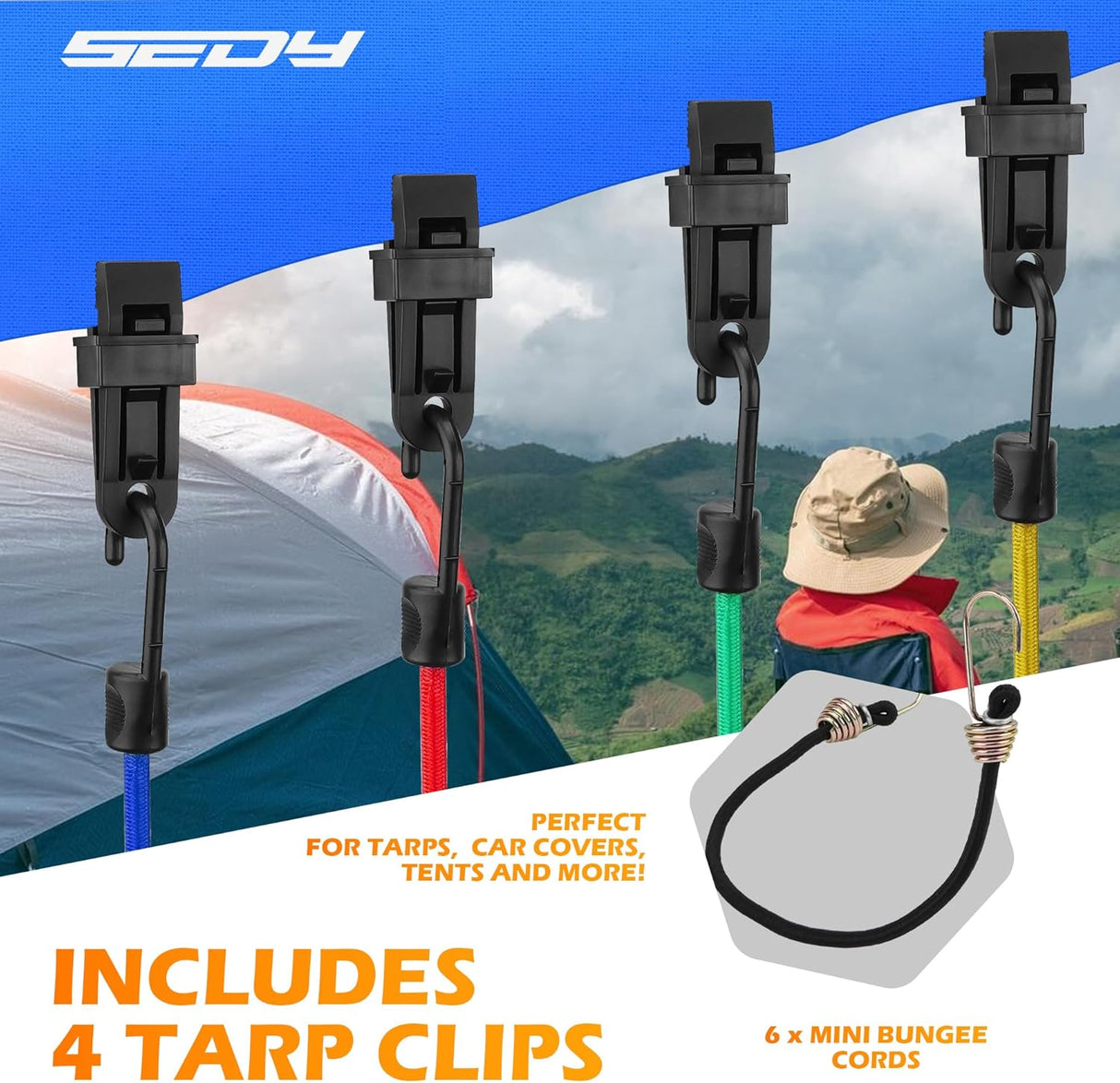 Heavy duty multi-size bungee cord set with hooks, tarp clips, ball bungees and zip ties for outdoor, camping and cargo securing