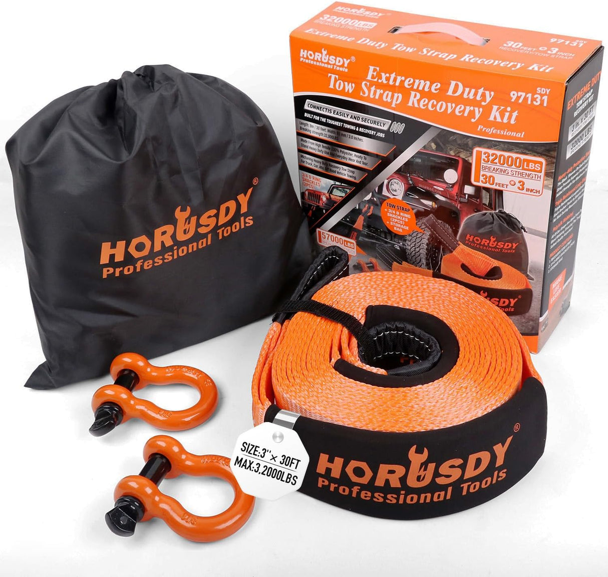 HORUSDY heavy-duty 32,000 lbs towing recovery strap kit with 3"x30FT polyester strap, forged D-ring shackles, and drawstring bag for trucks, SUVs, and off-road use