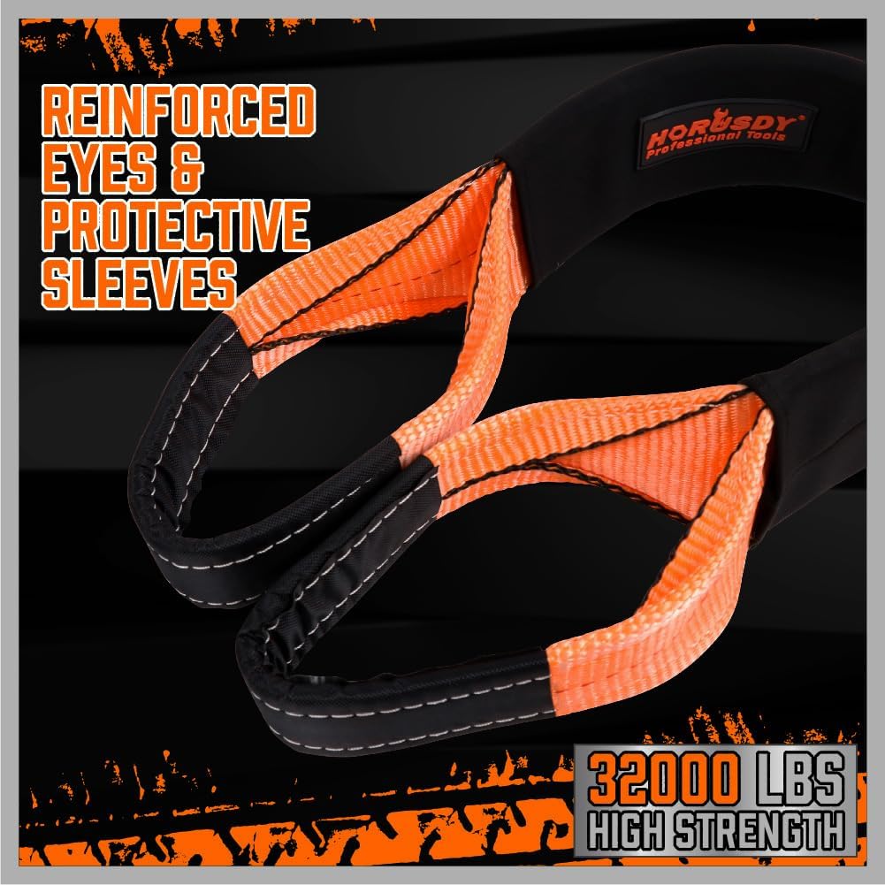 HORUSDY heavy-duty 32,000 lbs towing recovery strap kit with 3"x30FT polyester strap, forged D-ring shackles, and drawstring bag for trucks, SUVs, and off-road use