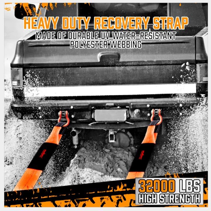 HORUSDY heavy-duty 32,000 lbs towing recovery strap kit with 3"x30FT polyester strap, forged D-ring shackles, and drawstring bag for trucks, SUVs, and off-road use