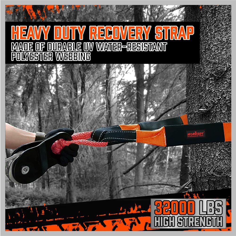 HORUSDY heavy-duty 32,000 lbs towing recovery strap kit with 3"x30FT polyester strap, forged D-ring shackles, and drawstring bag for trucks, SUVs, and off-road use