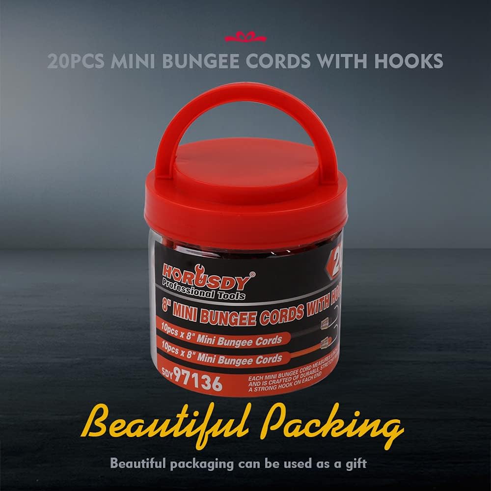 HORUSDY 20-piece mini bungee cords with rust-resistant hooks for securing items in camping, garage, home, or car use