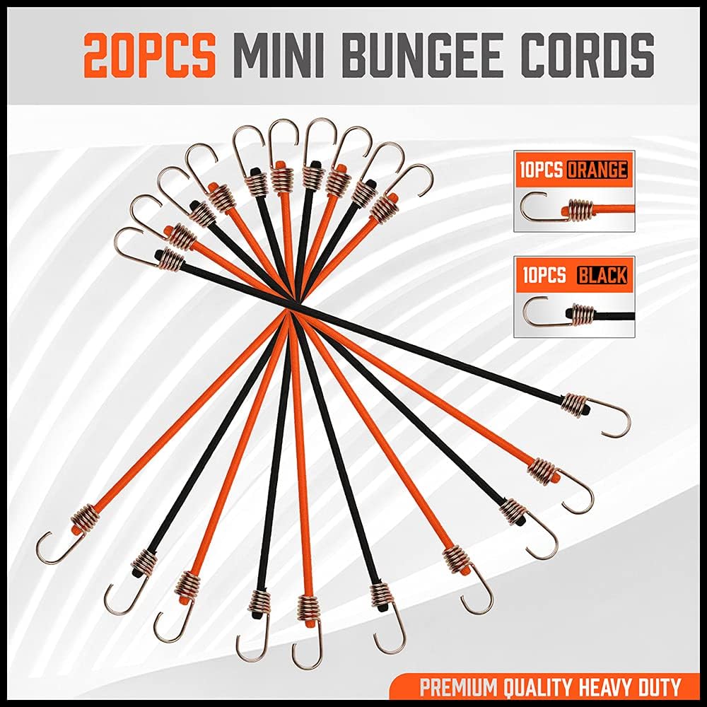 HORUSDY 20-piece mini bungee cords with rust-resistant hooks for securing items in camping, garage, home, or car use