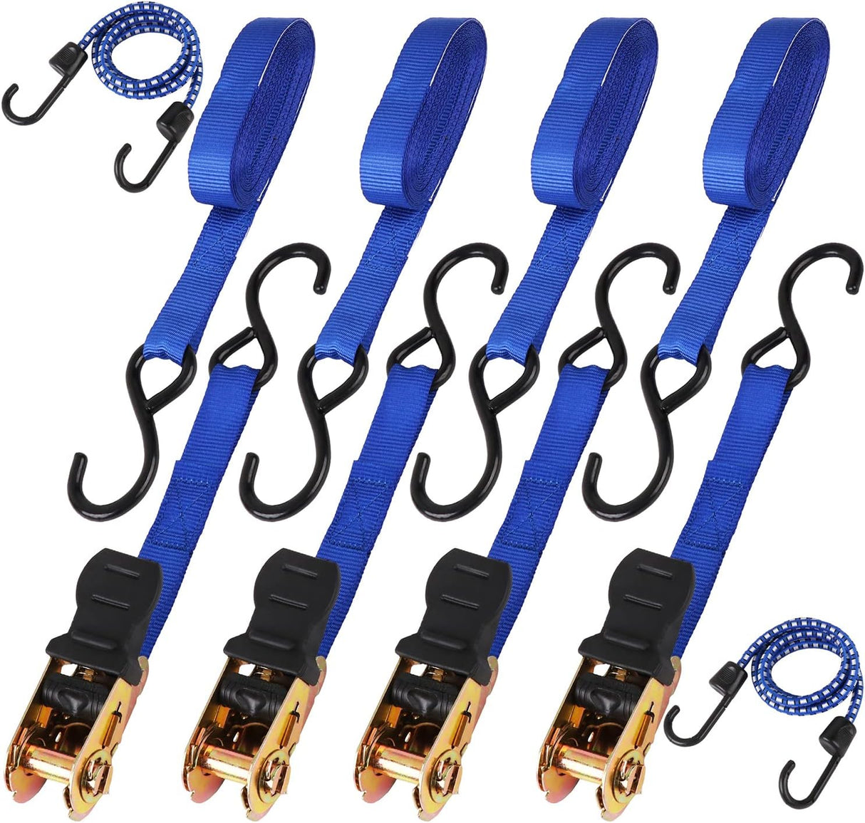 Heavy-duty ratchet tie down strap set with ergonomic handles, coated S-hooks, and bungee cords for secure cargo transport