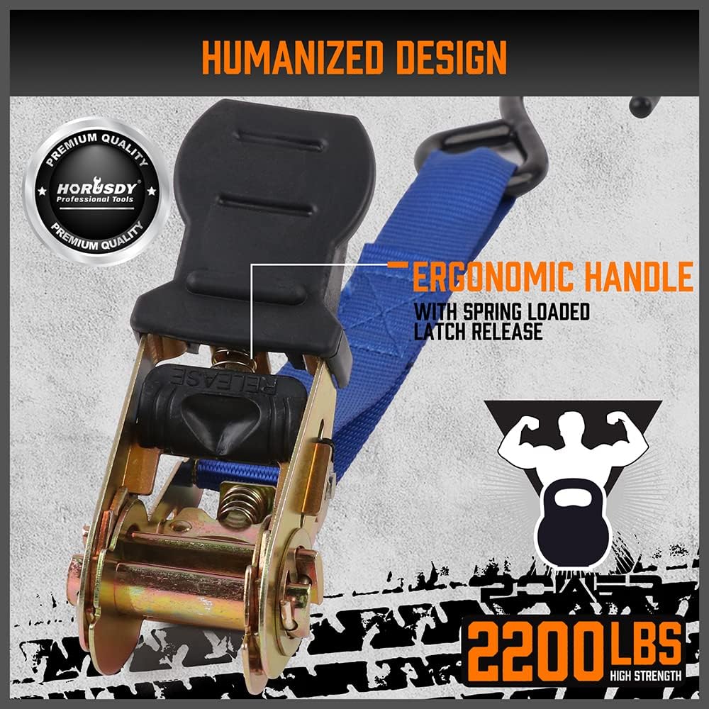 Heavy-duty ratchet tie down strap set with ergonomic handles, coated S-hooks, and bungee cords for secure cargo transport