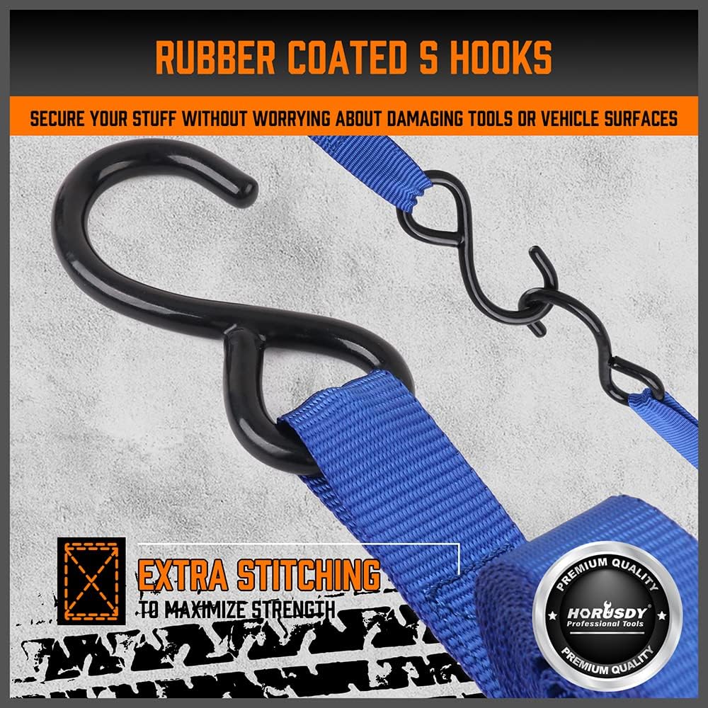Heavy-duty ratchet tie down strap set with ergonomic handles, coated S-hooks, and bungee cords for secure cargo transport