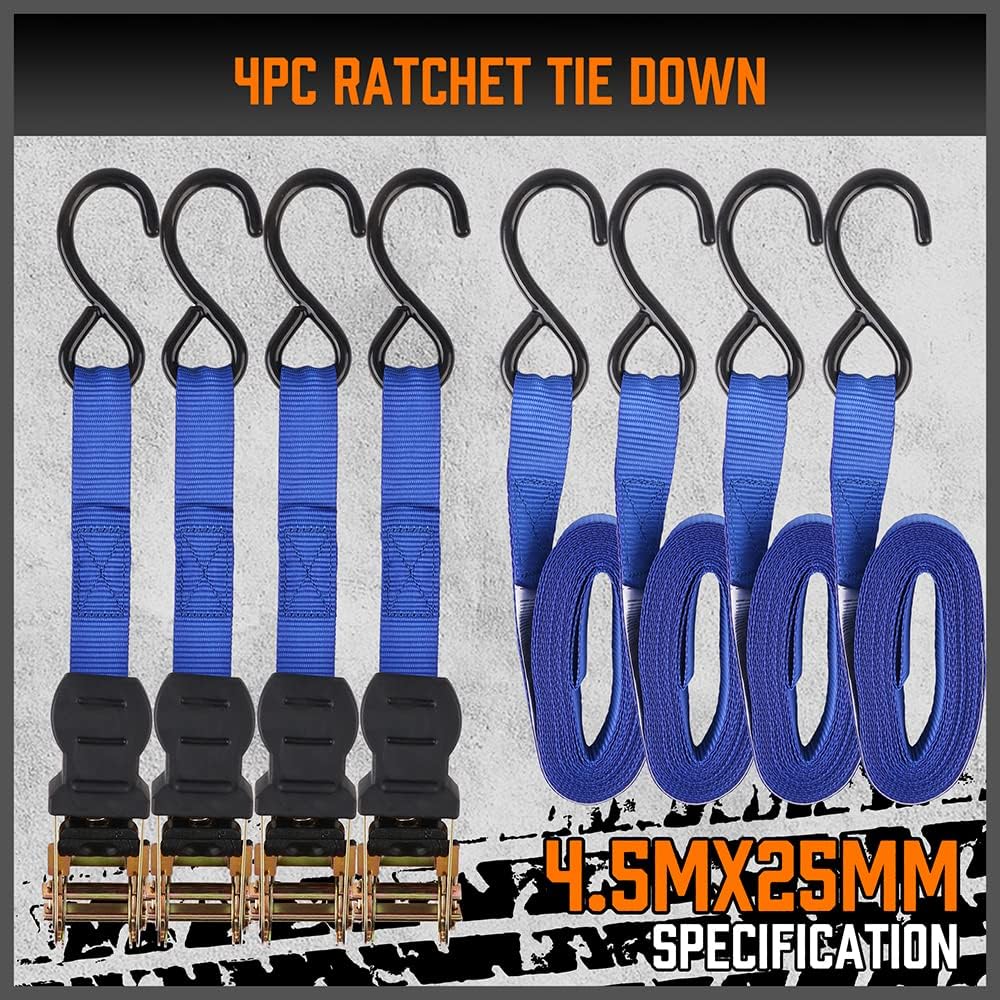Heavy-duty ratchet tie down strap set with ergonomic handles, coated S-hooks, and bungee cords for secure cargo transport