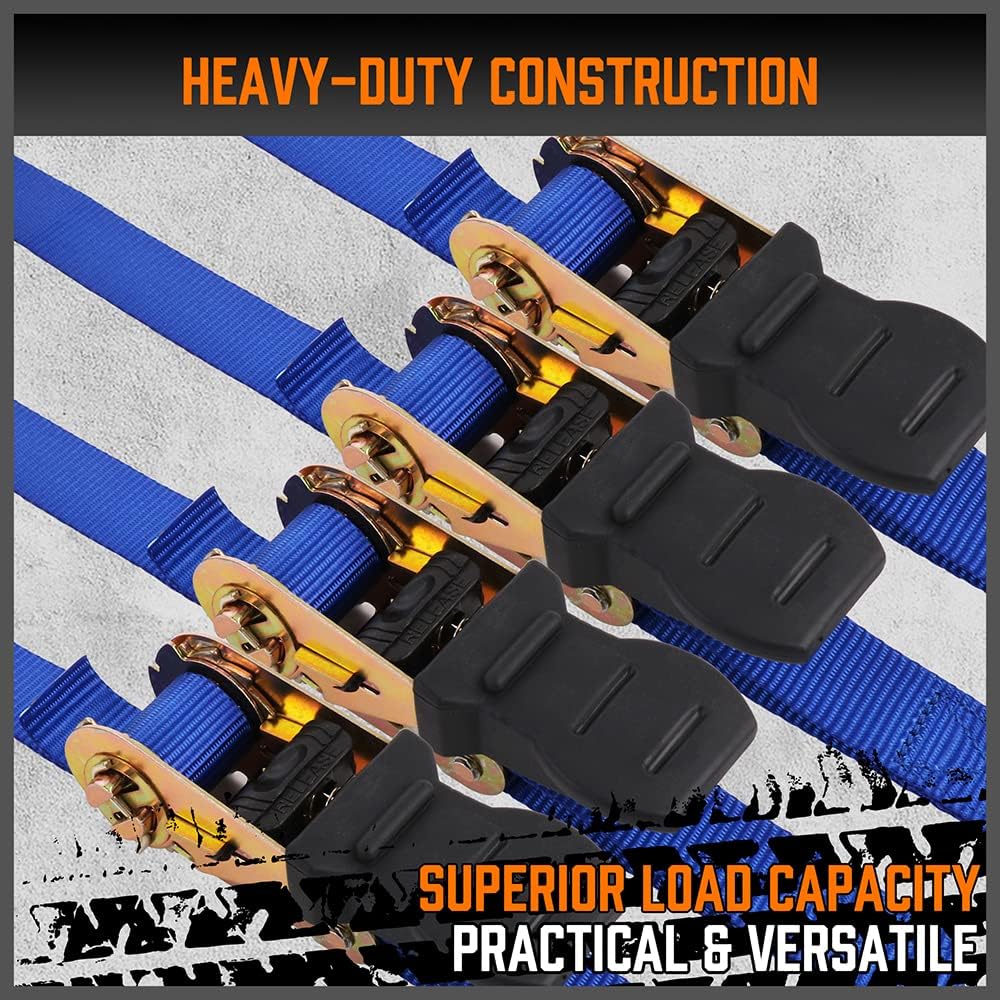 Heavy-duty ratchet tie down strap set with ergonomic handles, coated S-hooks, and bungee cords for secure cargo transport