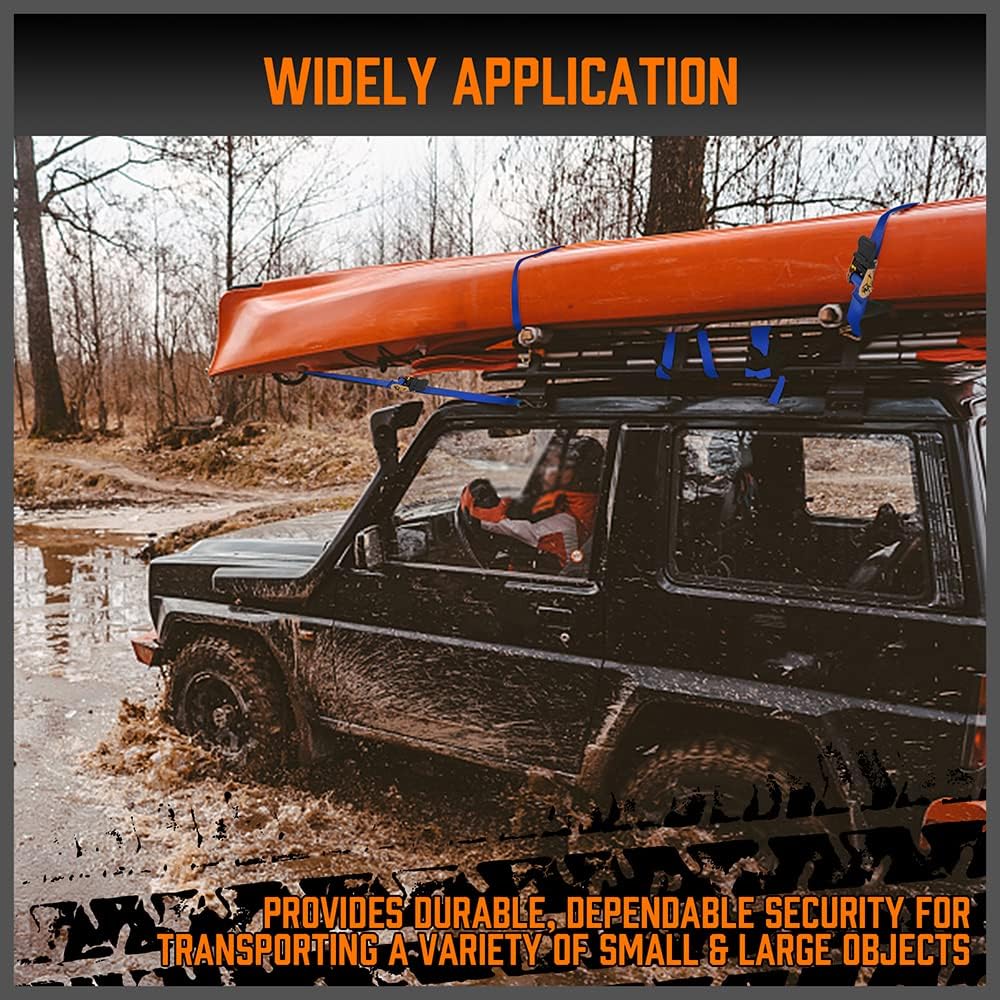 Heavy-duty ratchet tie down strap set with ergonomic handles, coated S-hooks, and bungee cords for secure cargo transport