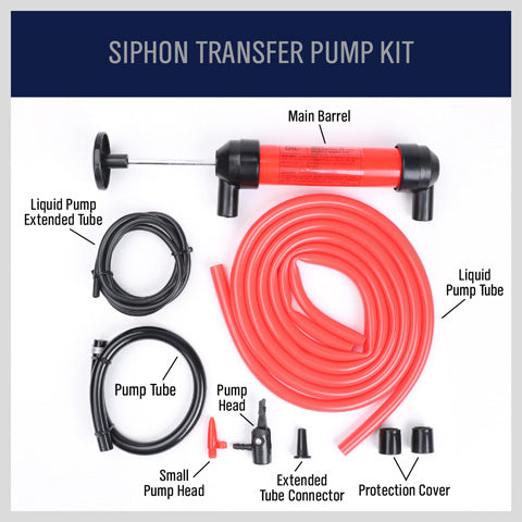 Multi-Purpose Manual Siphon Transfer and Air Pump Kit – Compact Dual-Use Hand Pump with Accessories for Liquid Transfer, Tire Inflation, Emergency Refueling, and Pool or Balloon Use