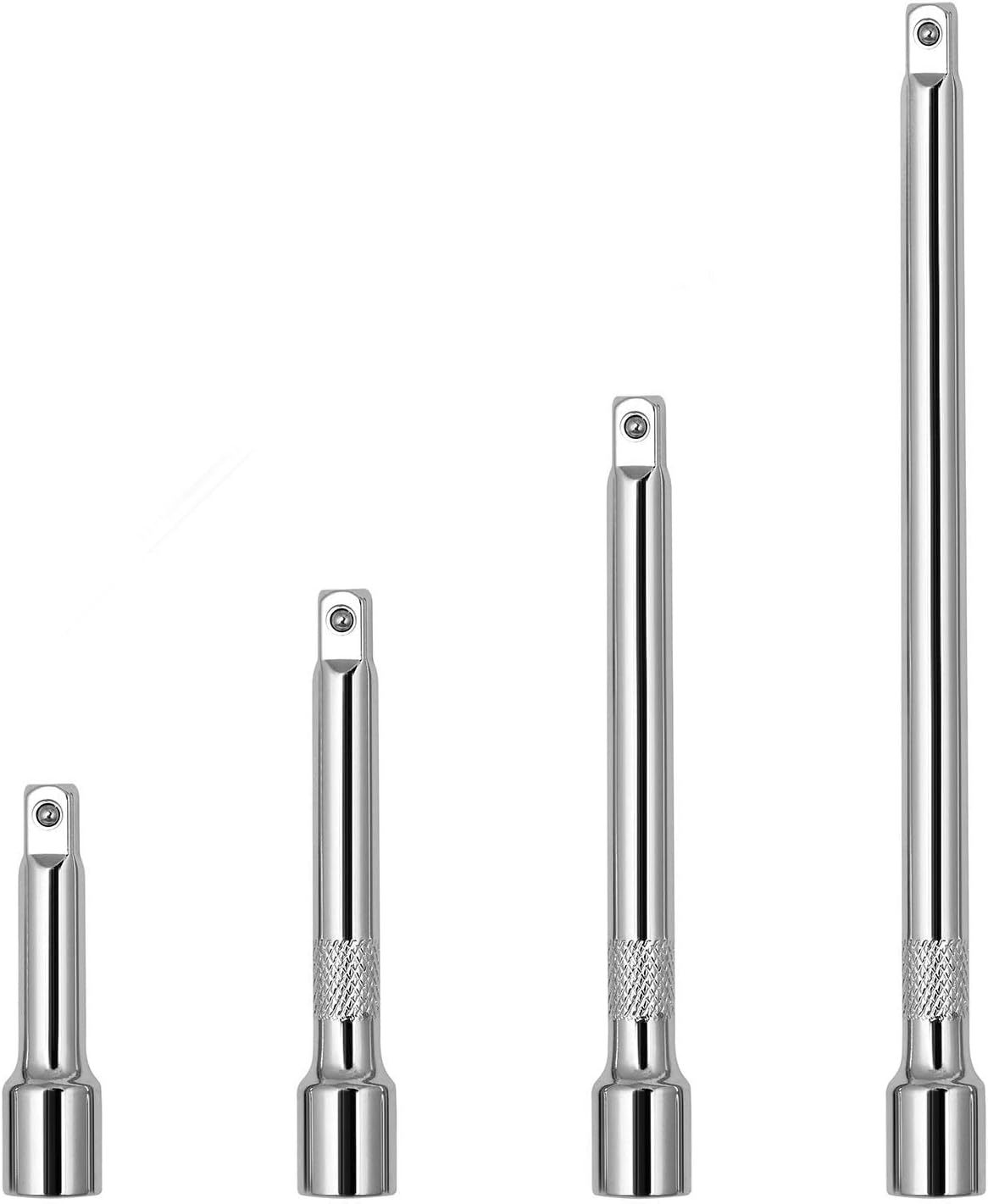 HORUSDY 4PCS 1/4 Inch Drive Extension Bar Set made of chrome vanadium steel with knurled grip and spring-loaded ball detent