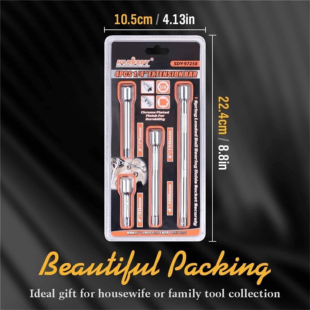 HORUSDY 4PCS 1/4 Inch Drive Extension Bar Set made of chrome vanadium steel with knurled grip and spring-loaded ball detent