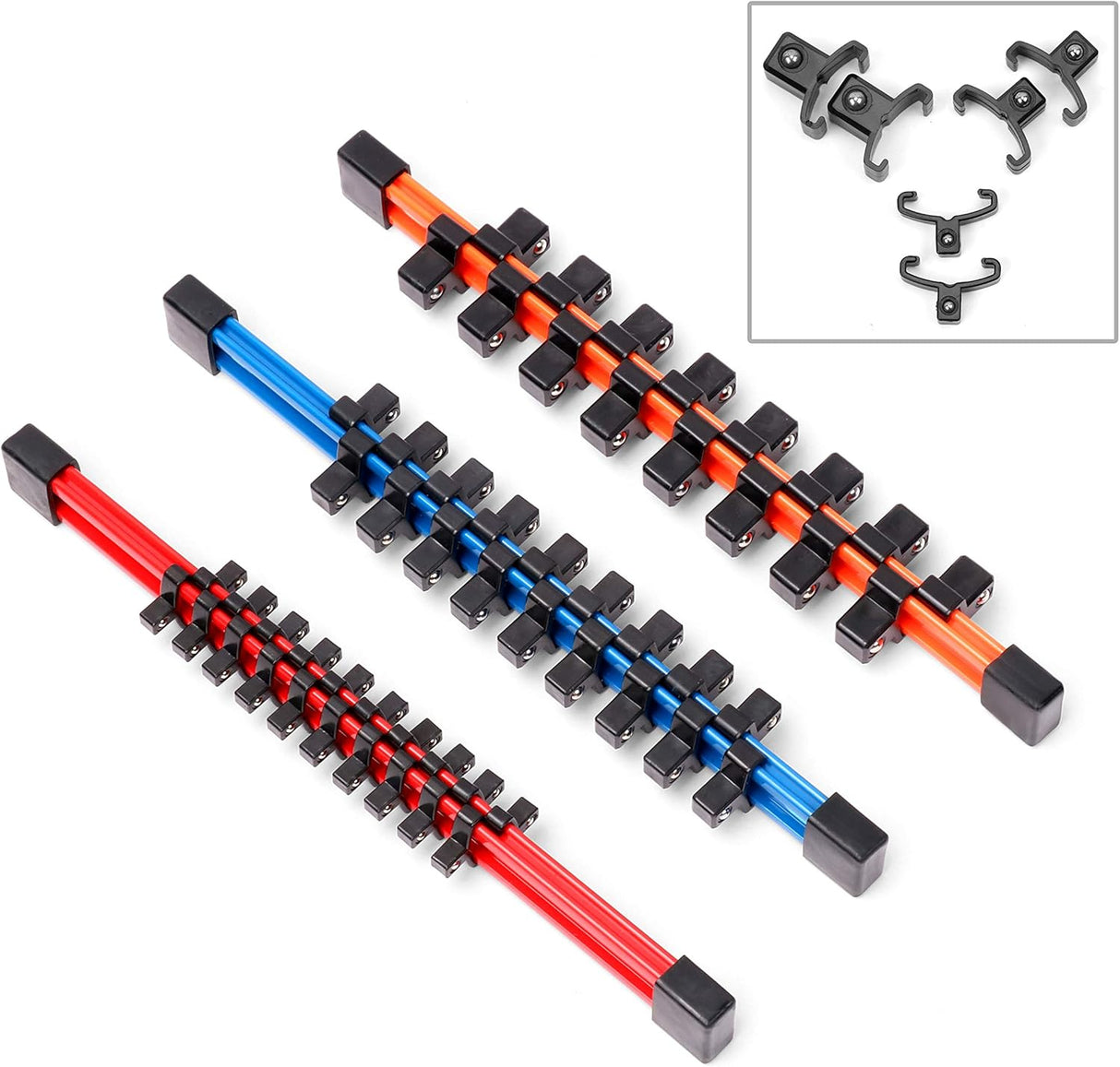 HORUSDY 3-piece aluminum socket rail set with double-sided clips for organizing 1/4", 3/8", and 1/2" drive sockets