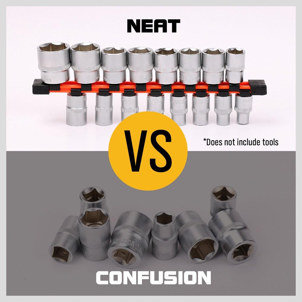 HORUSDY 3-piece aluminum socket rail set with double-sided clips for organizing 1/4", 3/8", and 1/2" drive sockets