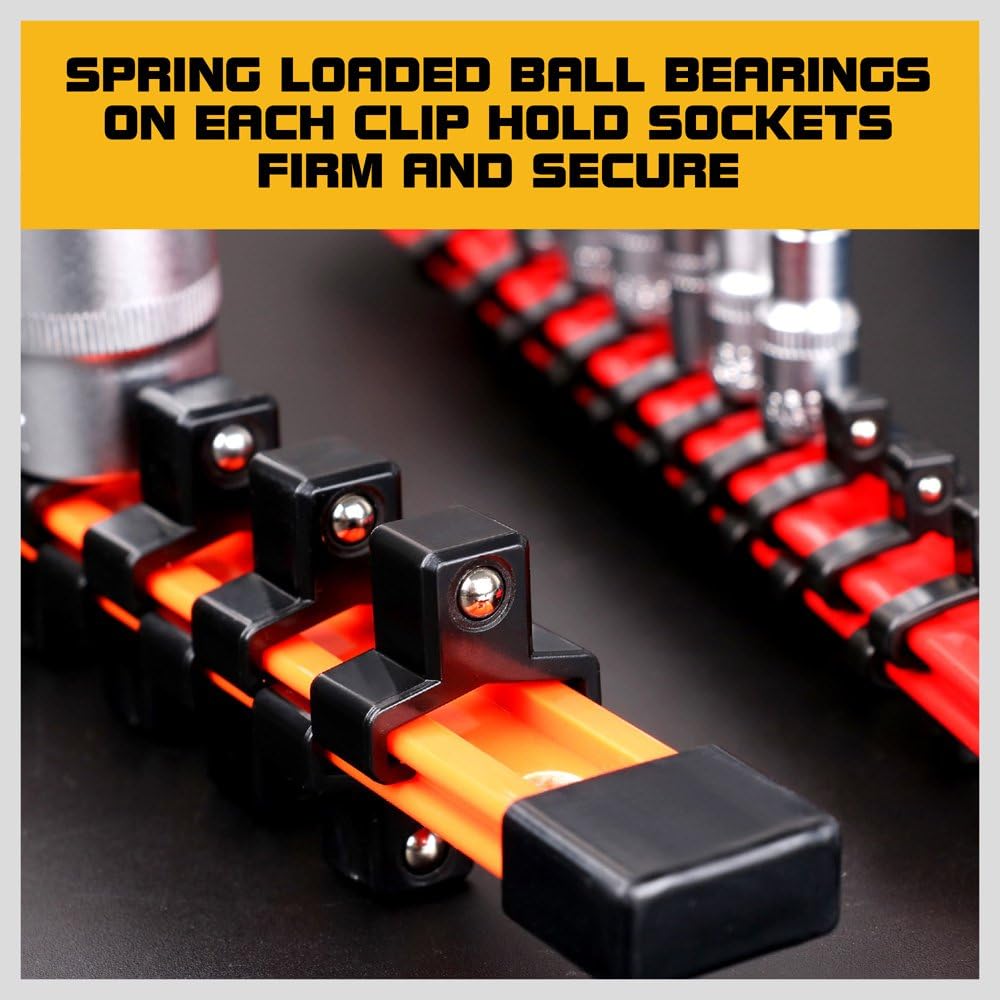 HORUSDY 3-piece aluminum socket rail set with double-sided clips for organizing 1/4", 3/8", and 1/2" drive sockets