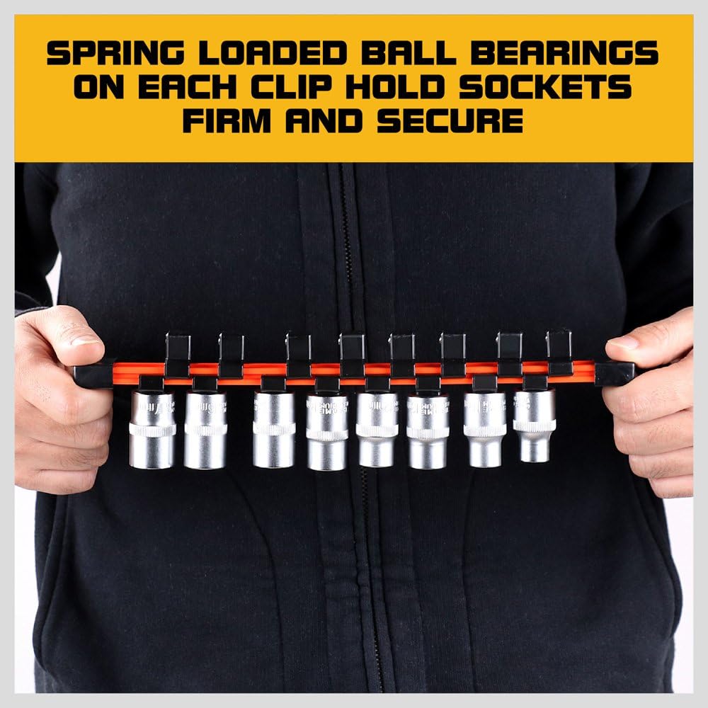 HORUSDY 3-piece aluminum socket rail set with double-sided clips for organizing 1/4", 3/8", and 1/2" drive sockets