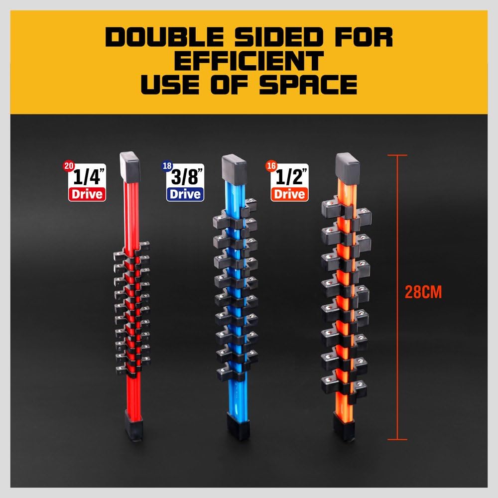 HORUSDY 3-piece aluminum socket rail set with double-sided clips for organizing 1/4", 3/8", and 1/2" drive sockets