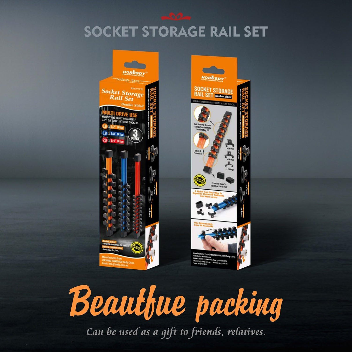 HORUSDY 3-piece aluminum socket rail set with double-sided clips for organizing 1/4", 3/8", and 1/2" drive sockets