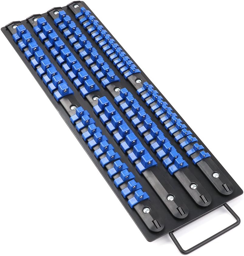 HORUSDY 80-piece socket organizer tray with blue clips and carry handle for 1/4", 3/8", and 1/2" drive sockets