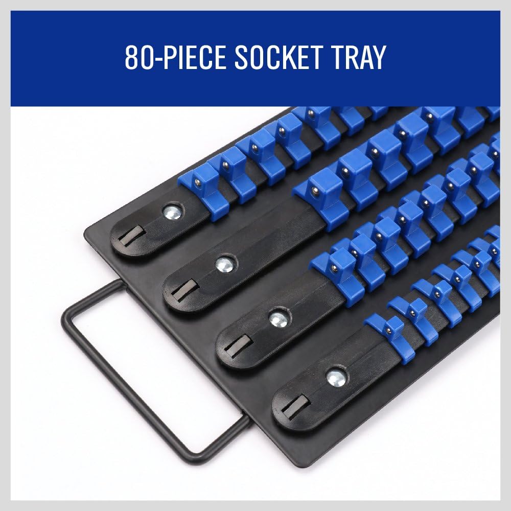 HORUSDY 80-piece socket organizer tray with blue clips and carry handle for 1/4", 3/8", and 1/2" drive sockets