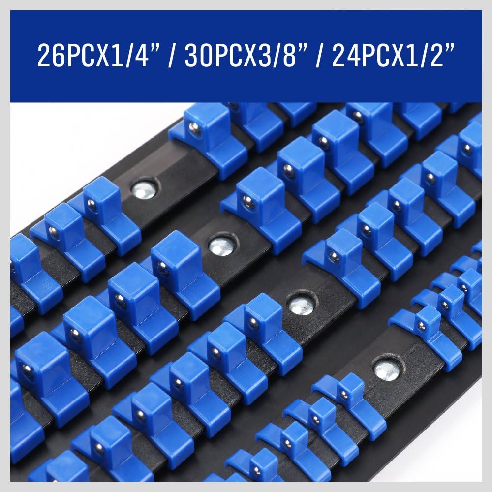 HORUSDY 80-piece socket organizer tray with blue clips and carry handle for 1/4", 3/8", and 1/2" drive sockets