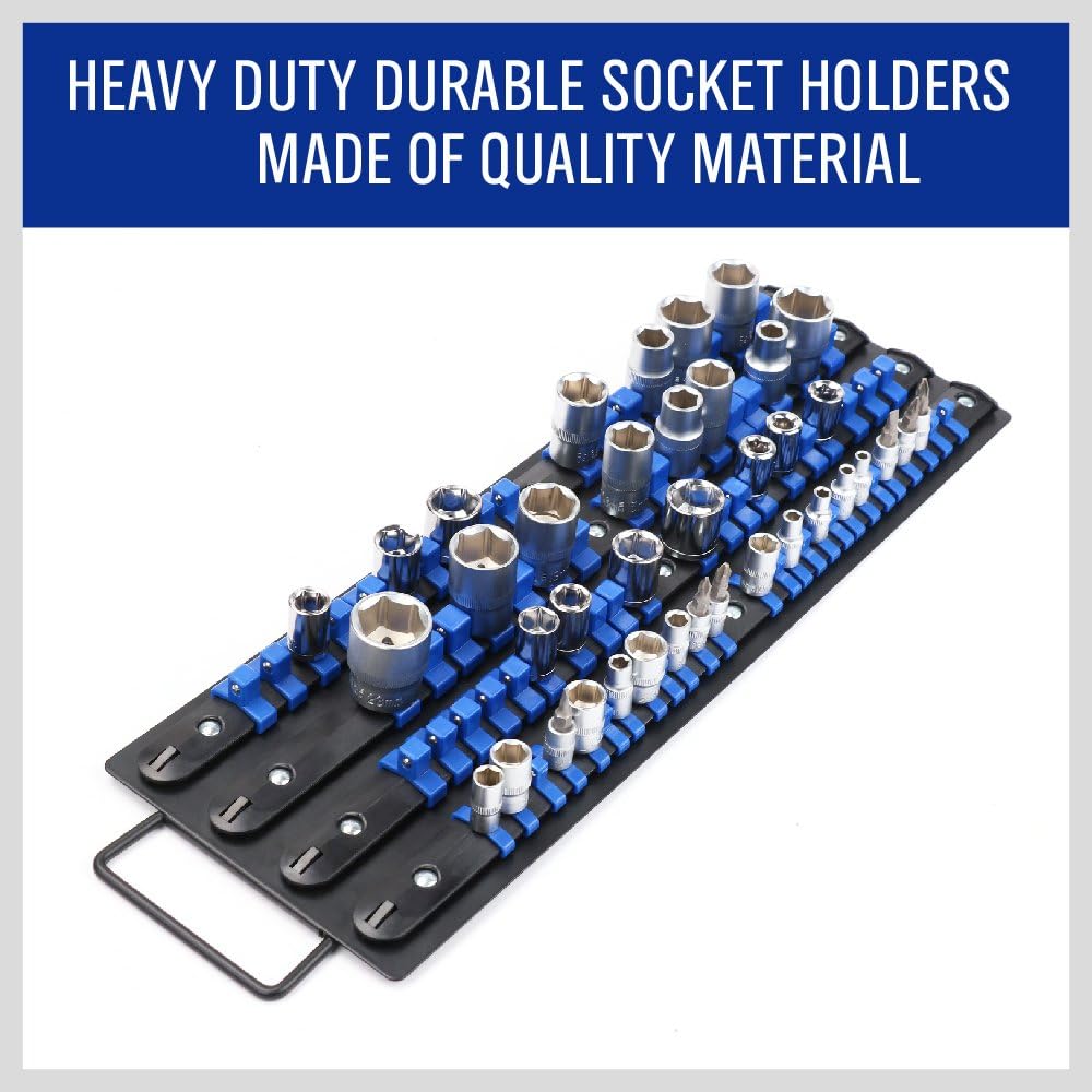 HORUSDY 80-piece socket organizer tray with blue clips and carry handle for 1/4", 3/8", and 1/2" drive sockets
