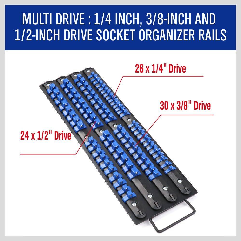HORUSDY 80-piece socket organizer tray with blue clips and carry handle for 1/4", 3/8", and 1/2" drive sockets