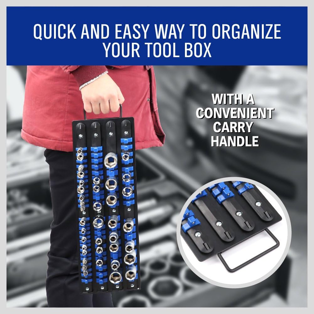 HORUSDY 80-piece socket organizer tray with blue clips and carry handle for 1/4", 3/8", and 1/2" drive sockets