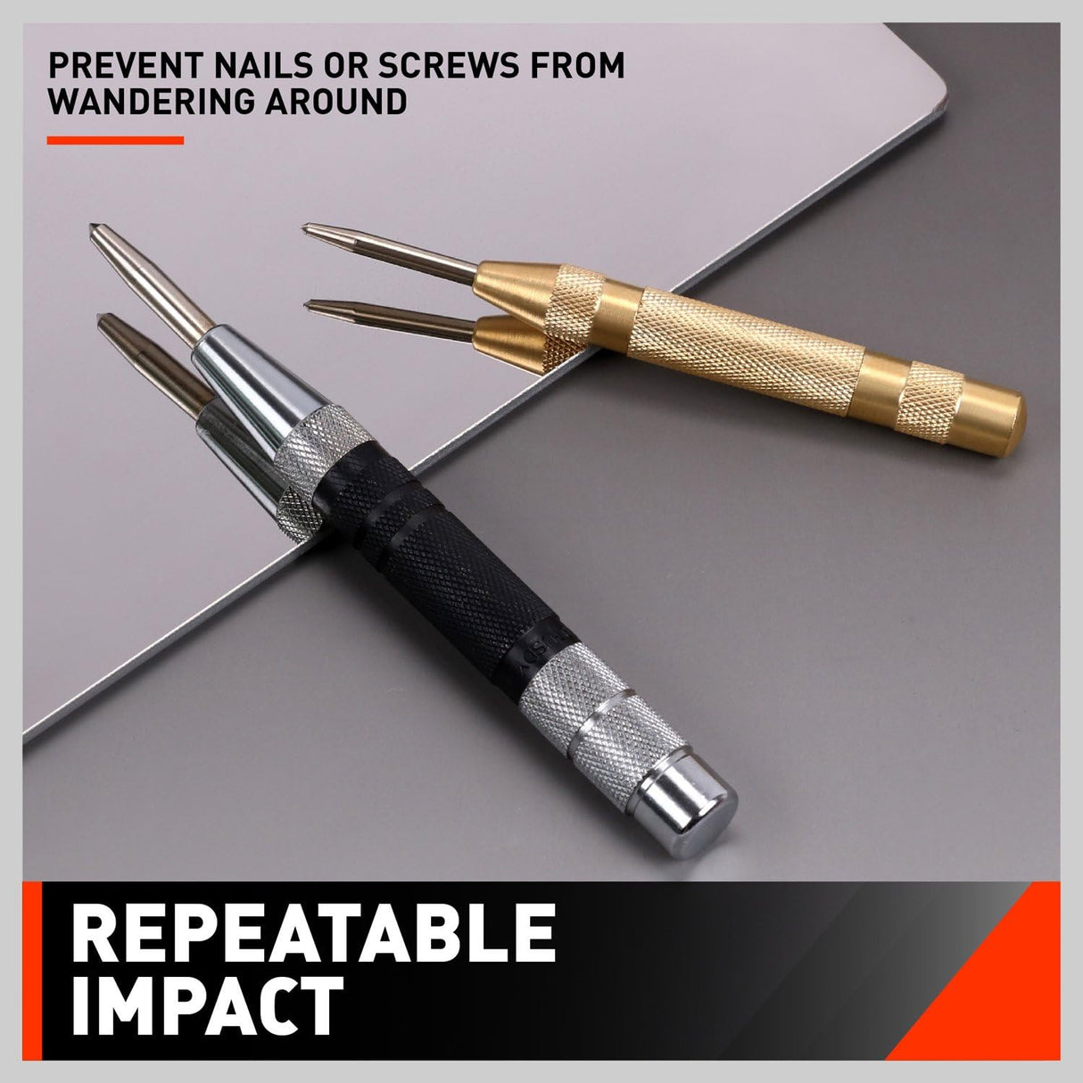 HORUSDY automatic center punch set with adjustable spring tension, ideal for precise marking on metal, glass, tile, and wood surfaces