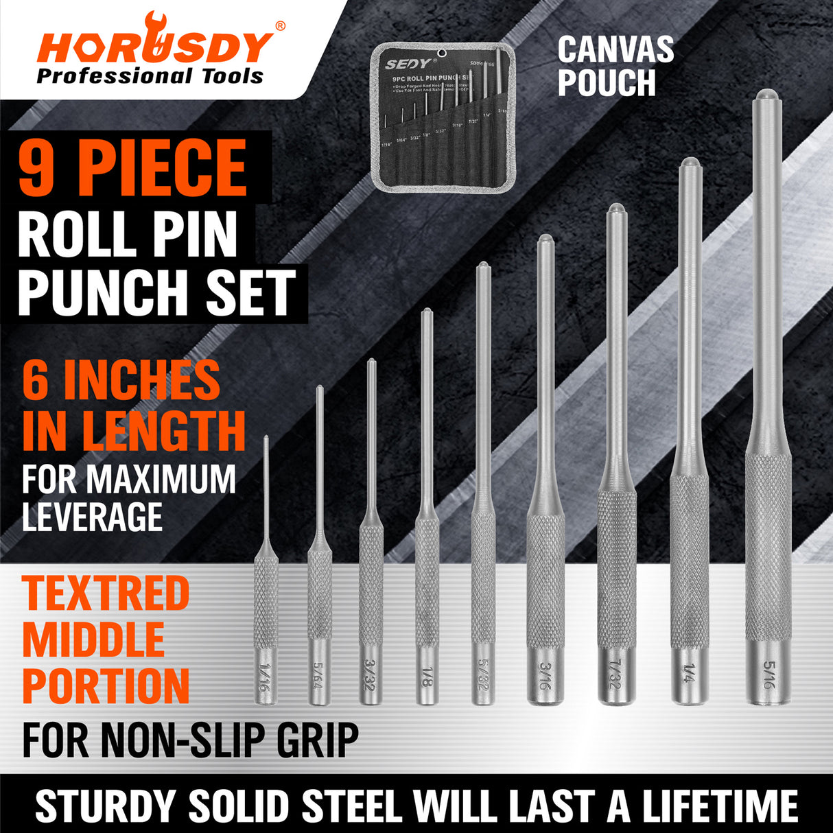 SEDY 9-Piece Roll Pin Punch Set – Precision-Machined Hardened Steel Pin Punches with Knurled Grip, 6-Inch Length for Maximum Leverage, Includes Canvas Pouch, Ideal for Gunsmithing and Mechanical Use