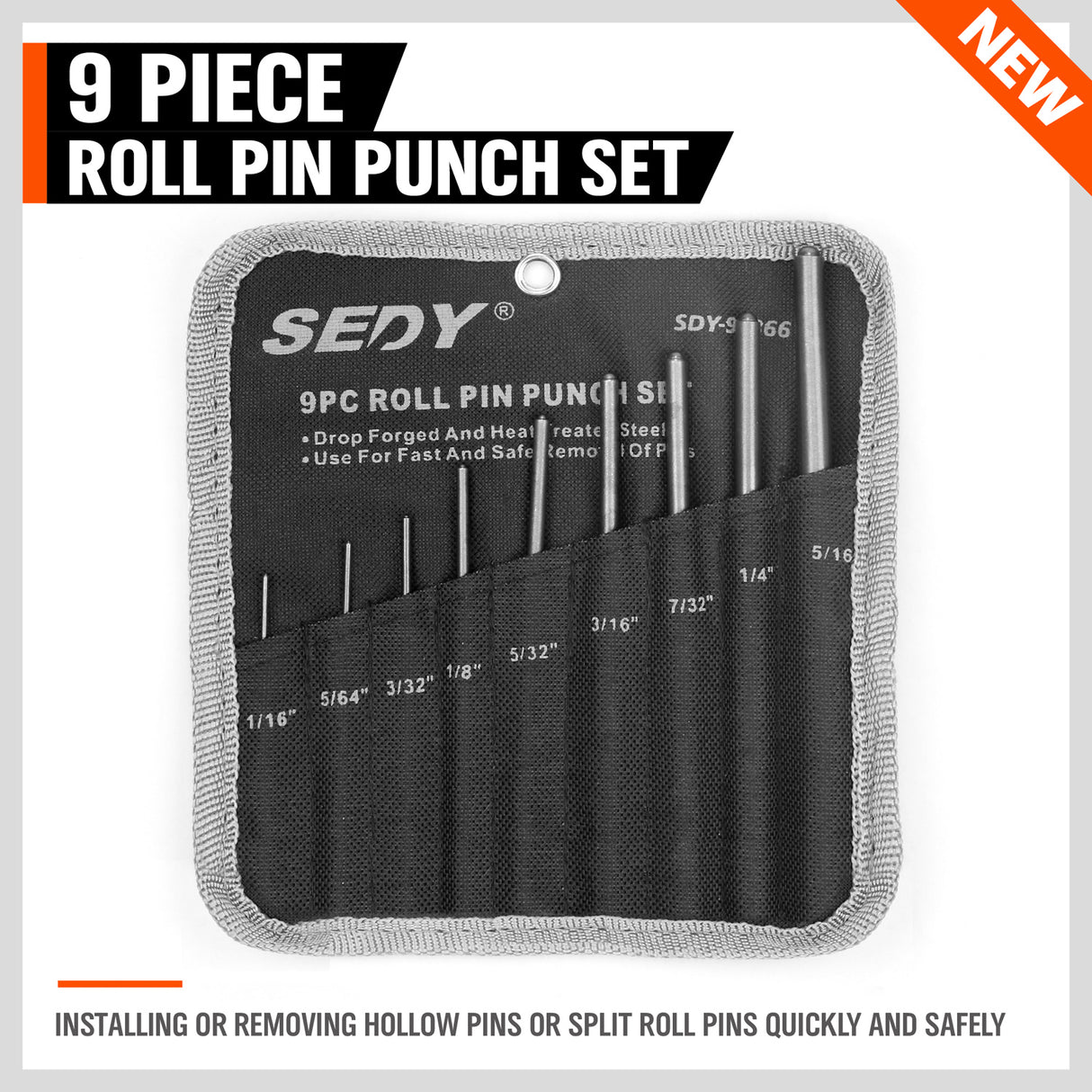 SEDY 9-Piece Roll Pin Punch Set – Precision-Machined Hardened Steel Pin Punches with Knurled Grip, 6-Inch Length for Maximum Leverage, Includes Canvas Pouch, Ideal for Gunsmithing and Mechanical Use