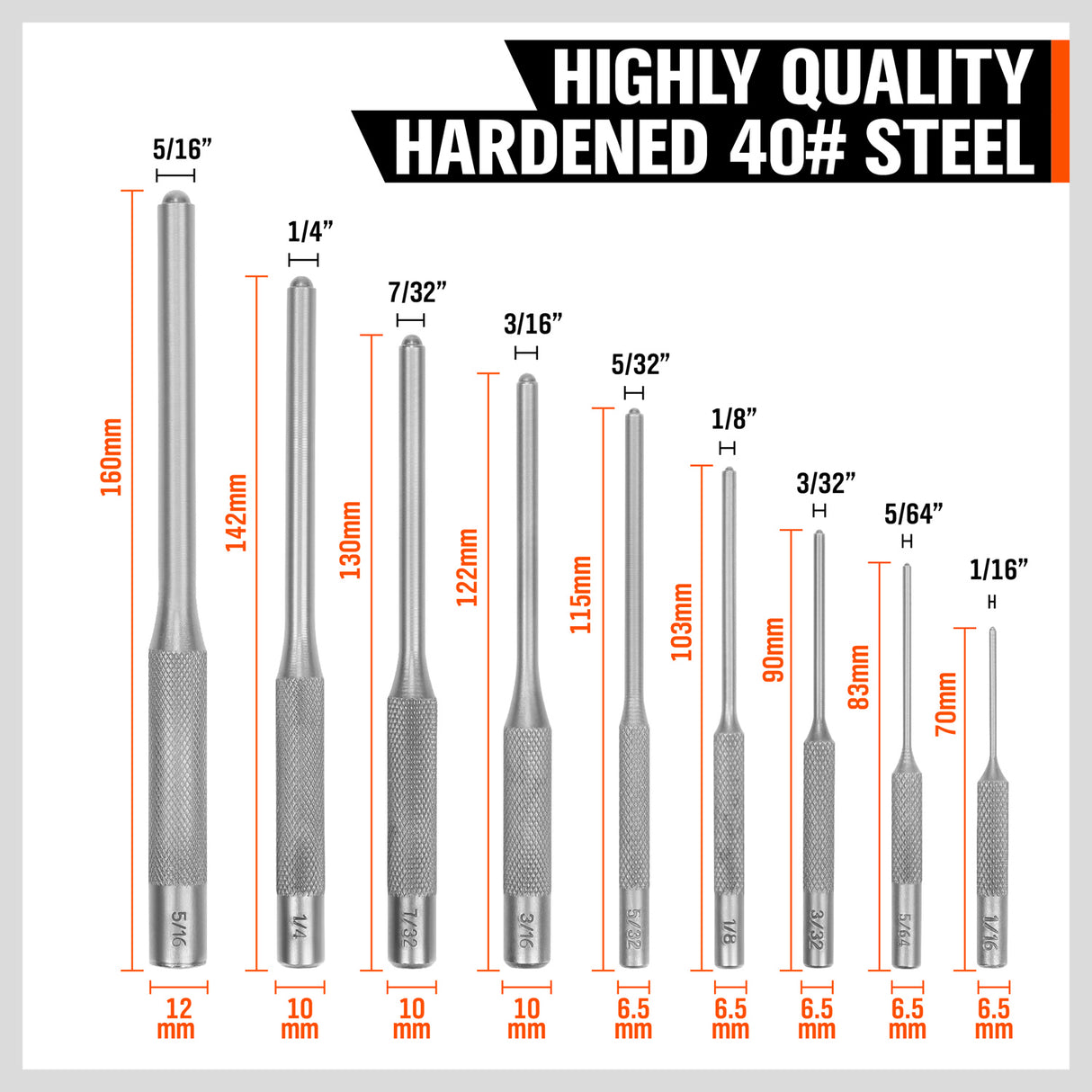 SEDY 9-Piece Roll Pin Punch Set – Precision-Machined Hardened Steel Pin Punches with Knurled Grip, 6-Inch Length for Maximum Leverage, Includes Canvas Pouch, Ideal for Gunsmithing and Mechanical Use