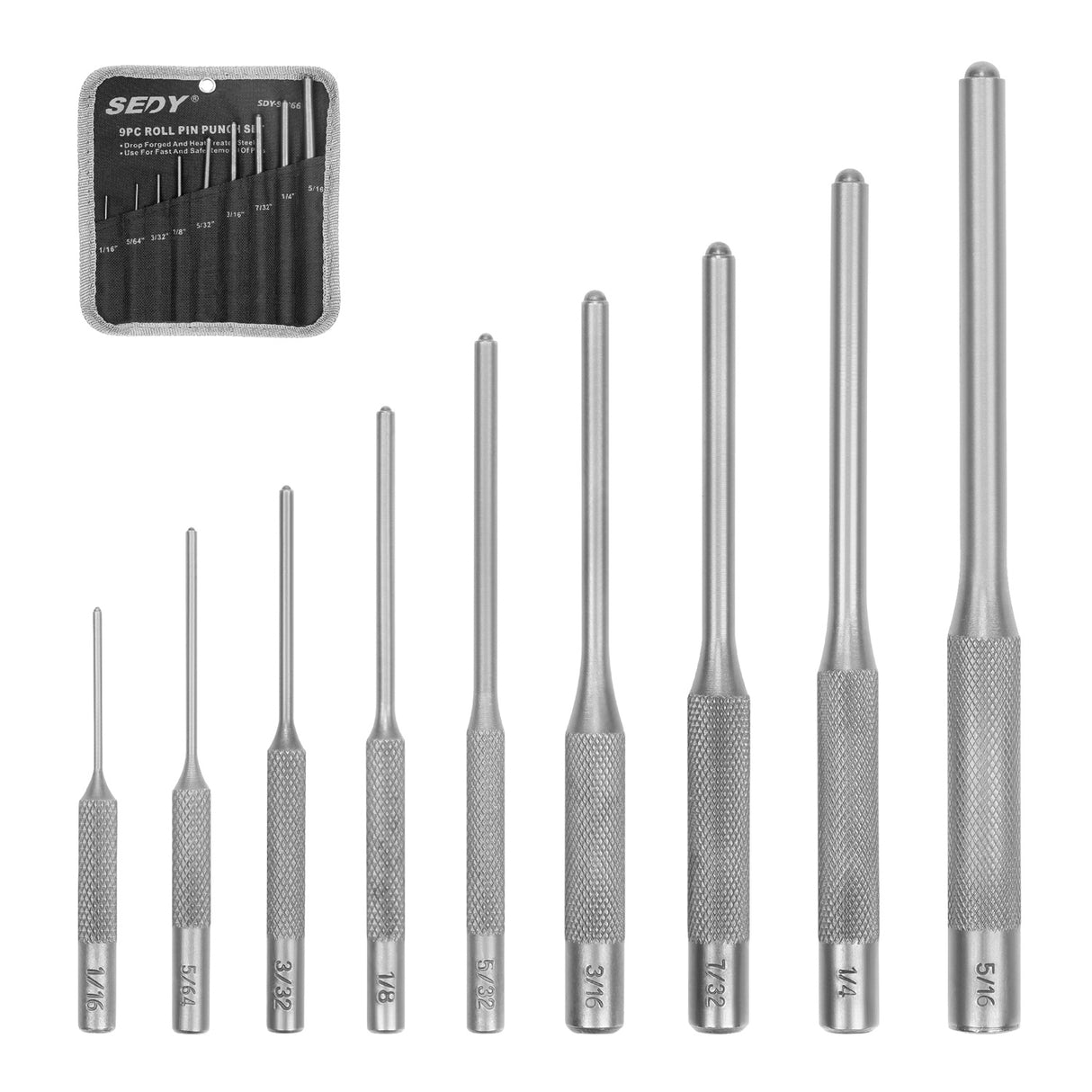 SEDY 9-Piece Roll Pin Punch Set – Precision-Machined Hardened Steel Pin Punches with Knurled Grip, 6-Inch Length for Maximum Leverage, Includes Canvas Pouch, Ideal for Gunsmithing and Mechanical Use