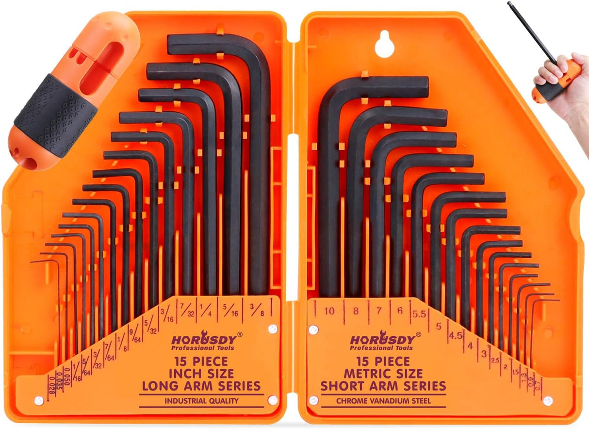 HORUSDY 30-piece hex key wrench set with T-handle and orange storage case, includes SAE and metric sizes
