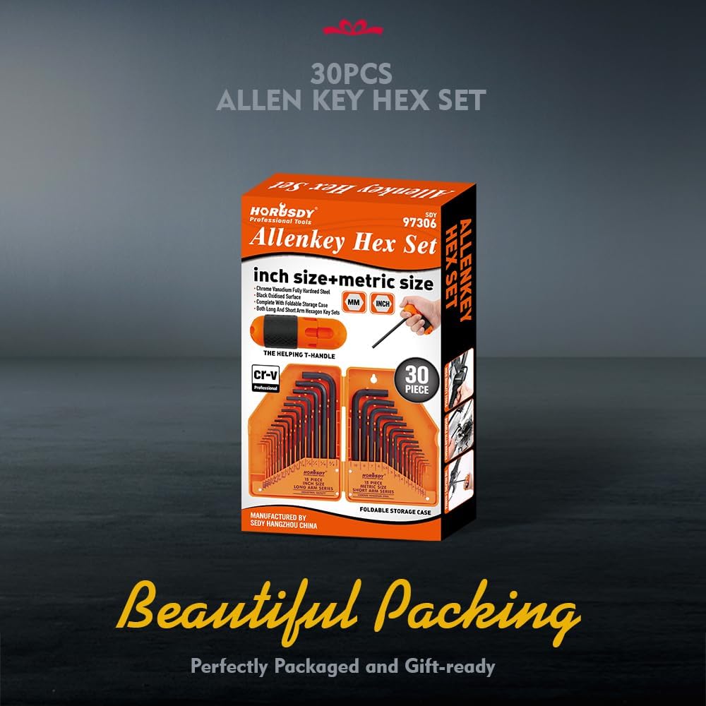 HORUSDY 30-piece hex key wrench set with T-handle and orange storage case, includes SAE and metric sizes