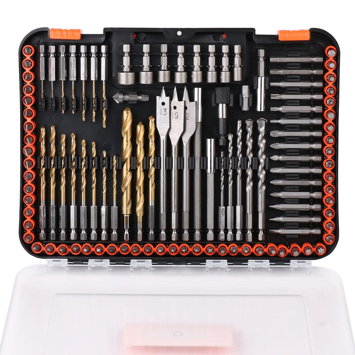 HORUSDY 112-Piece Drill Bit Set, Titanium & Masonry Bits with Nut Drivers and Storage Case, All-in-One for Wood, Metal & Concrete
